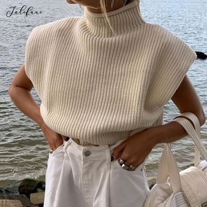 Colete outono encolher camisola preta gola alta ribbed malha pulôver pulseira com ombro almofada tanques para mulheres moda queda 210415