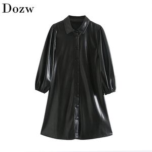 Fashion Women Black Color PU Leather Mini Dress Lantern Long Sleeve Streetwear Female Dresses A Line Turn Down Collar Sundresses 210515