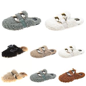 Rabatt Höst Vinter Kvinnor Tofflor Metallkedja All Inclusive Wool Slipper för Kvinnor Triple Black White Ytter Wear Plus Big Szie Muller Half Drag Skor EUR 35-40