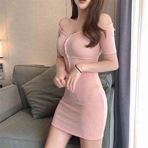 summer product sexy temperament word collar single-breasted stretch knitted nightclub bag hip dress 210416