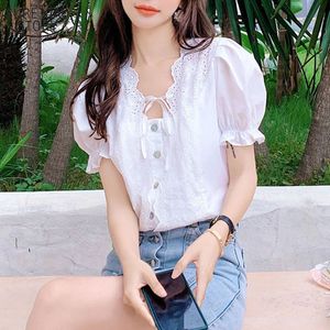 Fashion Hollow Out Square Collar Summer Women Blouse Sweet Backless Top Lace-up Casual Puff Short Sleeve Vit Blusas 10046 210508