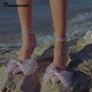 Women Sandals Fashion big bowknot High heels Wedding Party Shoes Luxury Crystal Satin Ankle strap Summer Bridal Shoes 220810