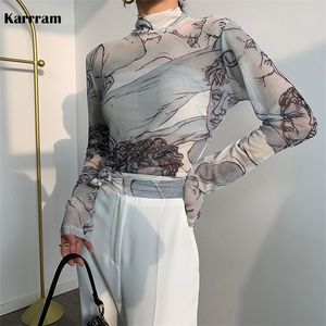 Karrram Turtleneck Mesh Blus Women Renaissance tryck långärmad se genom topp damer ren designer toppkläder höst 220516