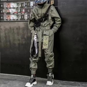 Hip Hop Streetwear Tute Uomo Nastro Ricamato Pantaloni Cargo Manica Lunga Pagliaccetti Jogging Techwear Uomo LJ201217