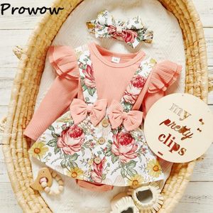 Kläder sätter Prowow 0-18m Autumn Winter Baby Girl kläder Set Lång ärm Solid Romper Bodysuit Suspender Bow Dress 3pcs Born SetClothing