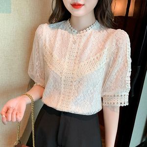 Women's Blouses & Shirts Summer Crochet Blouse 2022 Short-sleeved Lace Shirt Elegant Puff Sleeve Hook Flower Top Blusa FemininaWomen's