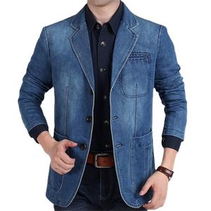 Blazers jacka män casual denim smal ficka skarvning kappa mäns långa ärm enbrett av tur-down krage blazers jacka 220812