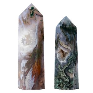 Cristal de curación natural con agujero Original piedra pulida artes musgo ágata cristal hexagonal columna ornamentos