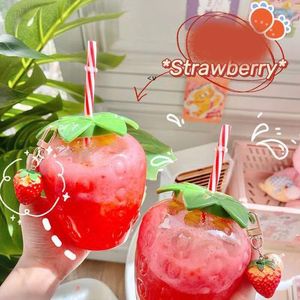 Net Red Strawberry Straw Tumblers Plastic Cup Cute Female Hand-held Milk Tea Student Portable Watercup Water Bottle by sea BBB15325