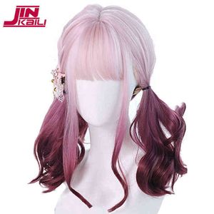 JINKAILI Синтетические парики для косплея с челкой Блондинка Красный Розовый Фиолетовый Короткий боб Лолита Жаропрочная красота Хэллоуин Party220505