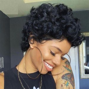 Kıvrımlı Brezilya Kıvrıl Dalgası İnsan saç peruk Siyah kadınlar için tam makine perukları kısa pixie kesim hiçbiri dantel peruk
