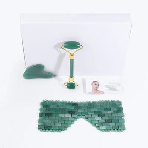 Högkvalitativ 100% handgjorda Jade Roller och Gua Sha Natural Green Jade Facial Roller Guasha Board Jade Eye Mask Massager Kit With Box