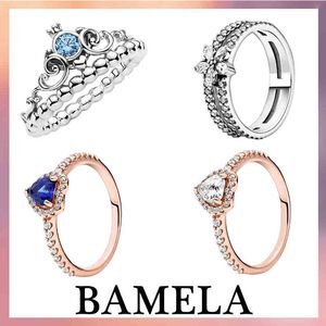 Bamela Sterling Silver Crown Pumpkin Rings Heart Shaped Zircon Ring for Original Pandora Anniversary Gift Jewelry Women