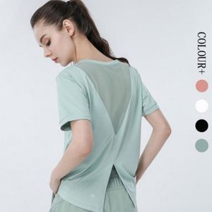 lul yoga sports short-sleeved women's fitness sports mesh stitching hollow beautiful back breathable sweat-absorbing T-shirt