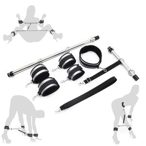 Vuxen Game Restraint Shackles Metal Spreader Bar Bondage Set With Handcuff Ankle Cuffs Collar Fetish Slave BdSm Rollplay Sexig Toy Beauty Party