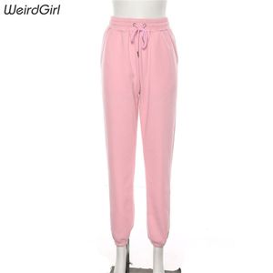 Weirdgirl Women Beading Casual Pants Pink Full Length Harem Pant Pocket High midja Elastiska byxor Sweatpants byxor Ny hösten T200223