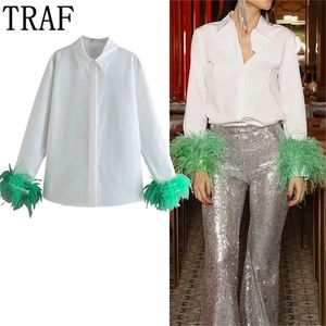 Traf vit skjorta kvinna långärmad grön fjäder topp party eleganta kvinnliga blusar mode krage knapp upp kvinnor skjorta 220725