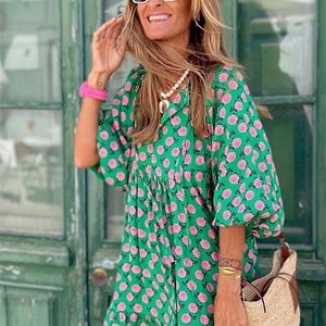 Boho Maxi Dres Floral Print Summer Holiday Beach Dress Female Short Puff Sleeve Loose Sundress Green Vestidos Mujer D220611