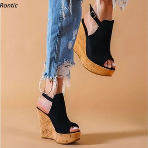 Rontic Nowe Kobiety Letnie Sandały Platforma Zamszowa Klamra Klinki Obcasy Peep Toe Eleganckie Czarne Błękitne Partyjne Buty Usługę US 5-20