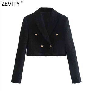 Zevity Women High Street Double Breasted Black Tweed Woolen Short Blazer Coat Vintage Female Outerwear Chic Crop Suit Tops CT823 T220714