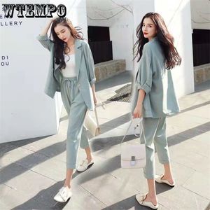 Women's Thin Suits Spring and Summer Single Button Blazer Coat Straight Pants Two Piece Sets Fashion Loose Notched Casual Suit 220621