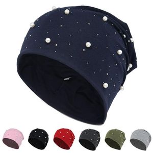 Berets Weiche Baumwolle Schädel Kappen Herbst Frühling Beanie Hüte Frauen Mädchen Perle Strass Warme Skullies Kappe Turban Motorhaube Hut Weibliche damen