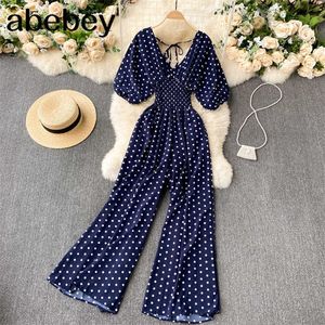 Women Polka Dot Rompers Korean V Neck Backless Puff Sleeve Jumpsuits Summer Chic Elastic Ruched Wide Leg Rompers 210715