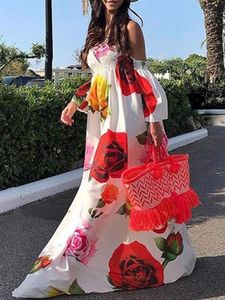 Off Shoulders Plaj Elbiseleri toptan satış-Bohemian Yaz Elbise Plaj Kadınlar Seksi Omuz Kapalı Çiçek Baskı Maxi Uzun Elbiseler Vestidos Artı Boyutu