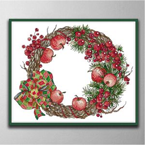 Girlande-Weihnachtsapfel-Wohnkulturgemälde, handgefertigte Kreuzstich-Bastelwerkzeuge, Stickerei-Nadelarbeitssets, gezählter Druck auf Leinwand DMC 14CT / 11CT