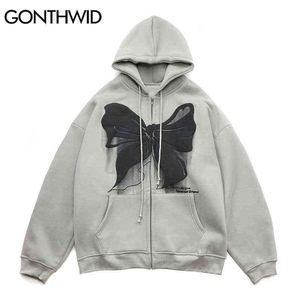 Hip Hop Zip Up Hoodie Coat Streetwear Hooded Sweatshirt Bowknot Print Zipper Fleece Jacket Men Harajuku Winter Cotton Pink Black T220816