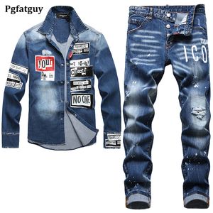 2022 Rastreos de trilhas camisa masculina de verão/jeans 2pcs Conjuntos de moda Cardigã de lapela de manga longa casual e calças skinny rasgadas