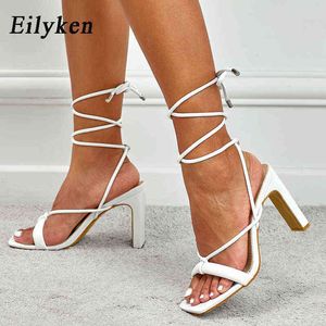 Nxy Sandals New Fashion Narrow Band for Women Open Toe Ankle Lace Up Strappy Chunky High Heels Party Famale Shoes Size 35-42