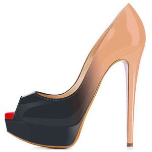 Sapatos femininos sexy plataforma peep toe 14 cm saltos extremamente altos femininos couro envernizado nightclub vermelho sapatos de casamento gradiente estilete g220516