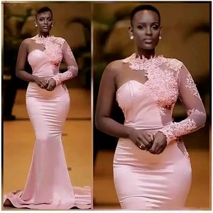 2022 Afrikaanse Nigeriaanse zwarte meisjes roze zeemeermin avondjurken Eén schouder lange mouw prom dress formele jurk avondjurken Abendkleider SXM21