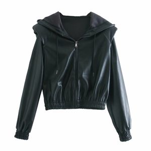 Women Autumn Winter Faux Leather Jackets Zipper Basic Hooded Coat Turndown Collar Motor Biker Jacket Plus Size Outerwear 201030