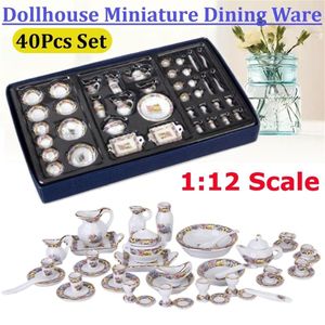 40st Dollhouse Miniature Dining Ware Porslin TEA Set Dish Cup Bowl Plate Furniture Toy Gift Colorful Floral Print Table Decor Y224N
