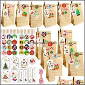 Presentförpackning 24st / uppsättning Kraft Papperspåsar Julbröllopsfödelsedagsfest Biscuit Candy Packaging Bag med Clips Stickers Tag Rope Drop Delivery