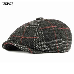 Uspop Men Caps Winter Berets Plaid Wool Beret Hat Male Vintage Visor Caps Thick War Hat J220722
