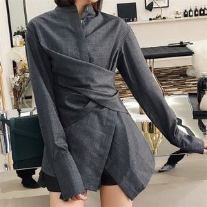 LANMREM New Gray Cross Waist Irregular Design Stand Collar Shirt Asymmetrical Temperament Personality Women Blouse T200502