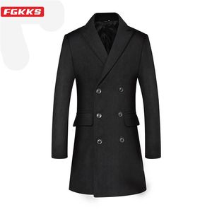 FGKKS Brand Men Fashion Wool Blend Coat Men Slim Luxurious Wool Overcoat Business Casual Double Breasted Long Wool Coat Male LJ201110