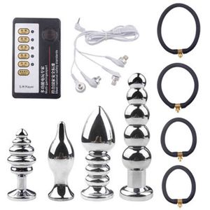 Nxy Analspielzeug 4-teiliges Set Elektroschock-Metallplug Sexspielzeug Sanal Vaginal Pulse Massage Masturbationsgerät Bipolare Stimulation 220420