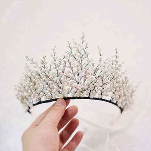 Ny Pearl Big Crown Wedding Tiara och Crown Gorgeous Black Wire Handgjorda Headband Bridal Headpiece Vintage Smycken AA220323