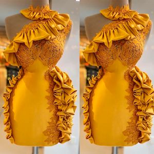 Bright Yellow Short Prom Dresses Satin Sleeveless One Shoulder Appliques Puff Appliques Sequins Sexy Chic Appliques Party Gowns Plus Size Custom Made