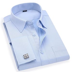 Men 's French Cufflinks Business Dress Shirts Long Sleeves White Blue Twill Asian Size M, L, XL, XXL, 3XL, 4XL, 5XL, 6XL 220322