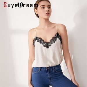 Suyadream Kobiety Jedwabny Biały Camisole 100% Real I Koronki Camis Wiosna Summer Black Chic Top 220318