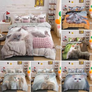 3D Cat Bedding Set Luxury Animal Däcke Cover med Pillowcase Queen King Single Double Size Set Set Custom Mönster för Girls Boy