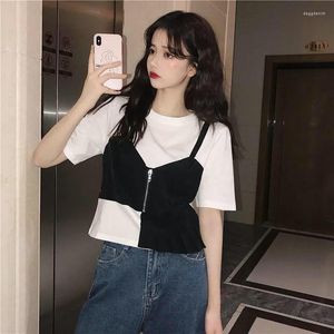 Kvinnors t-shirt 2022 Summer White Loose Top Short Sleeve Female Student Korean Patchwork Versatil Net Red Bottom Shirt
