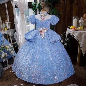 2022 Sequined Flower Girl Dresses For Wedding Pink Lace Princess Tutu Kjol Ruffled 2019 Ball Gown Jewel Vintage Child First Holy Communion Dress