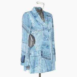 Abiti da donna Blazer SuperAen Denim Graffiti Materiale in raso stampato Giacca da donna da ufficio con intagli a vista Giacca da donnaDonna