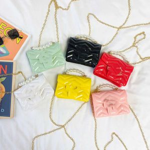 Handbag Kids Jelly Girls Metal Letter Square Bag Children Pearl Chain Messenger Bags